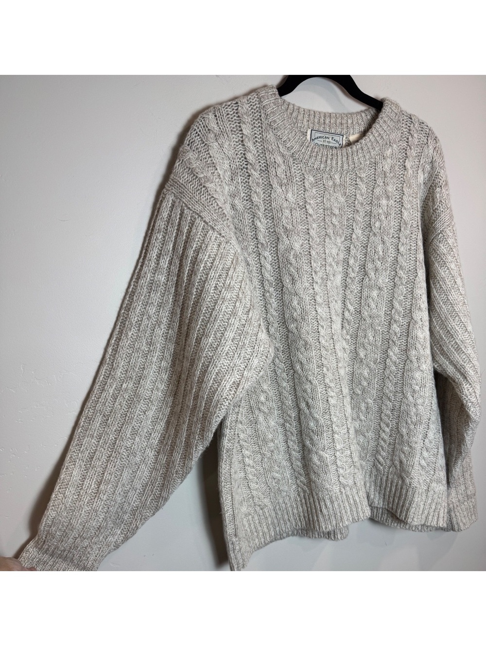 Y2K AMERICAN EAGLE Oatmeal Cable Knit Shetland Wool Fisherman Sweater LARGE